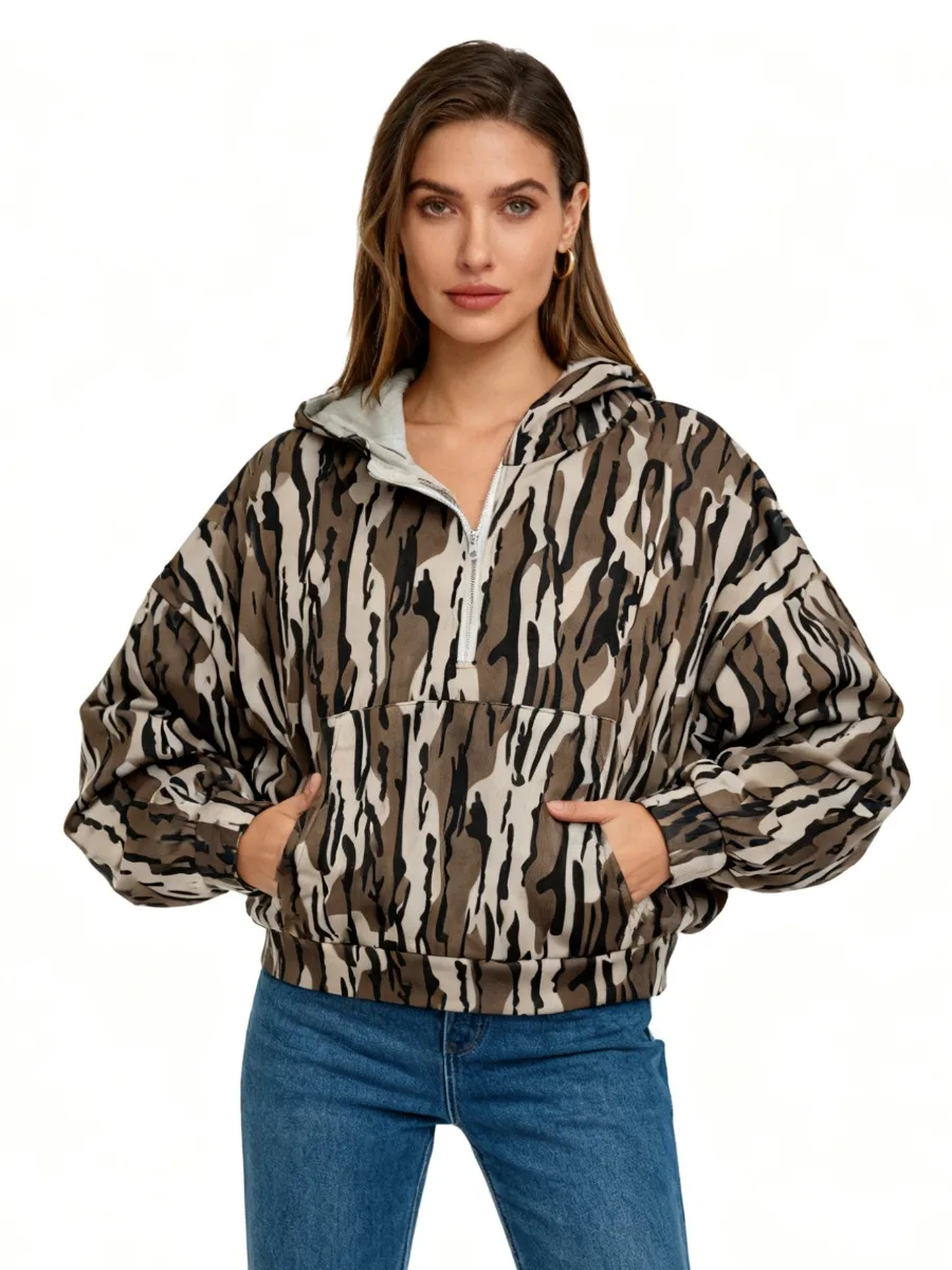 Felpa con cappuccio mimetica ampia Y2k Pullover con zip a un quarto Felpa con mezza zip con maniche Tasche Felpe con cappuccio mimetiche