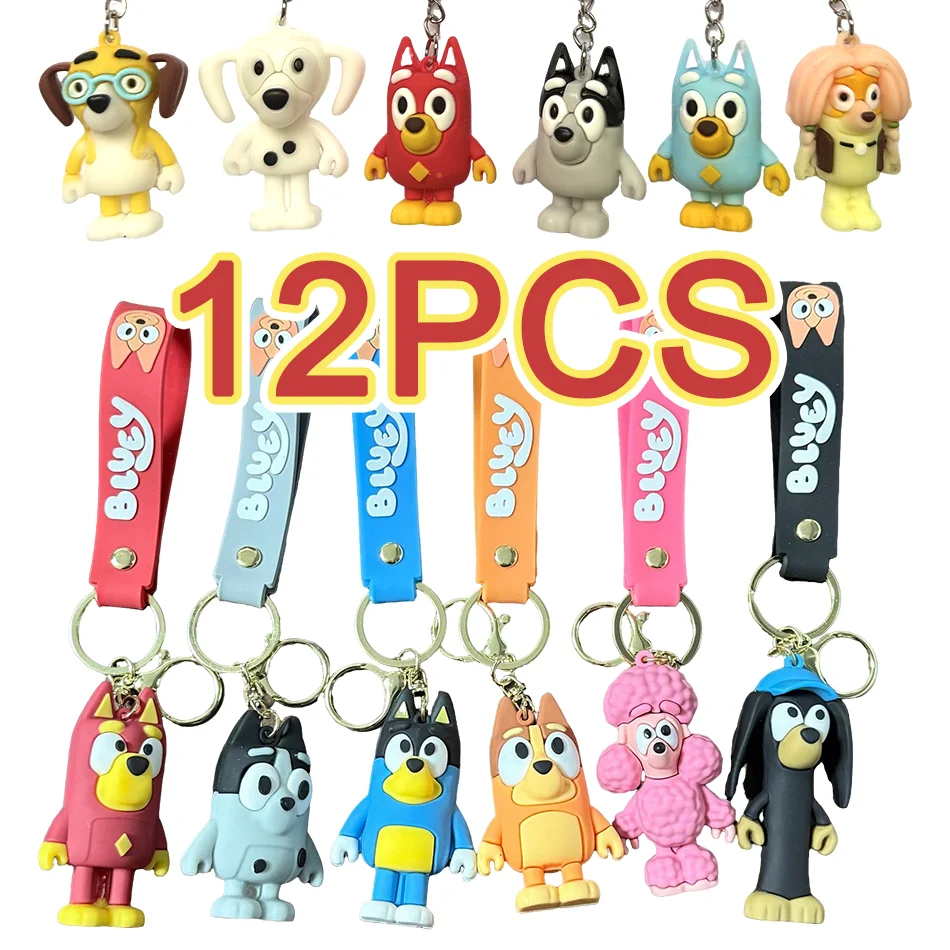1-12PCS Llavero de Anime Kawaii Bluey Impreso en 3D, Adorno de Muñeca de Dibujos Animados, Decoración para Llaveros, Juguetes y Regalos para Niños