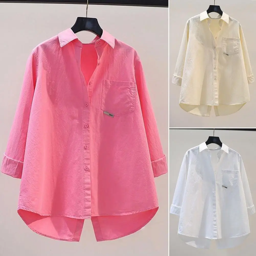 

Women Work Shirt Stylish Women's Spring Fall Shirt with Turn-down Collar Solid Color Irregular Hem Commute Blouse for Lady Soft