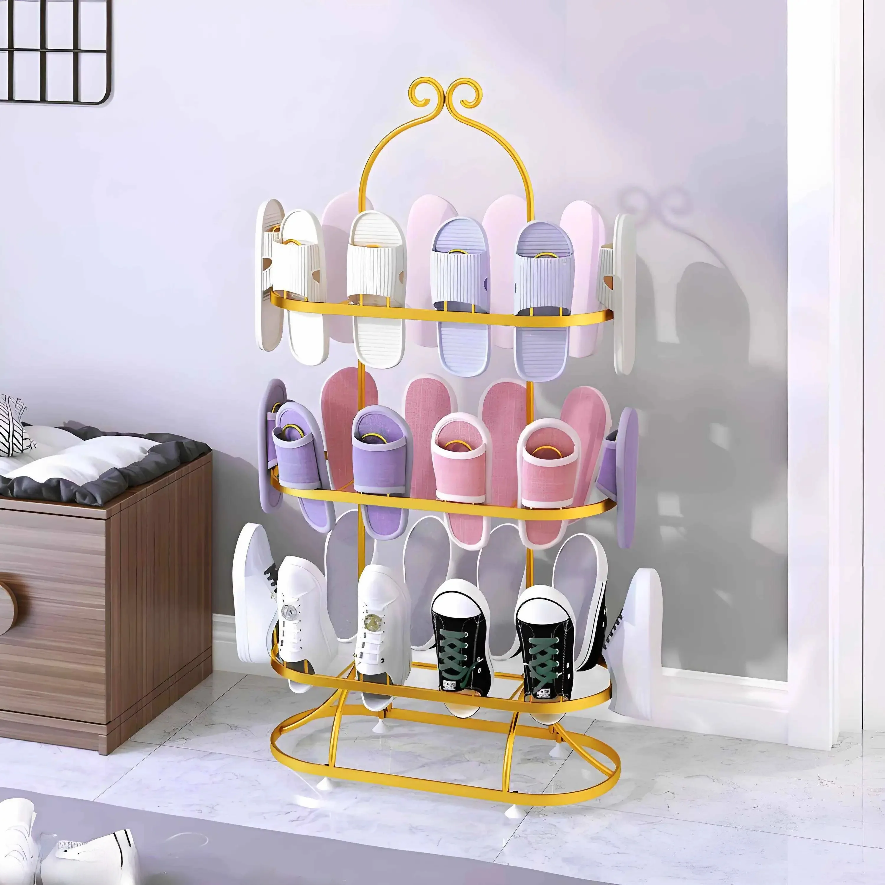 

Balcony Shoe Drying Rack Multi-Functional Outdoor Simple Entrance Home Slippers Storage Iron Art Shelf Rock Lemon Brand