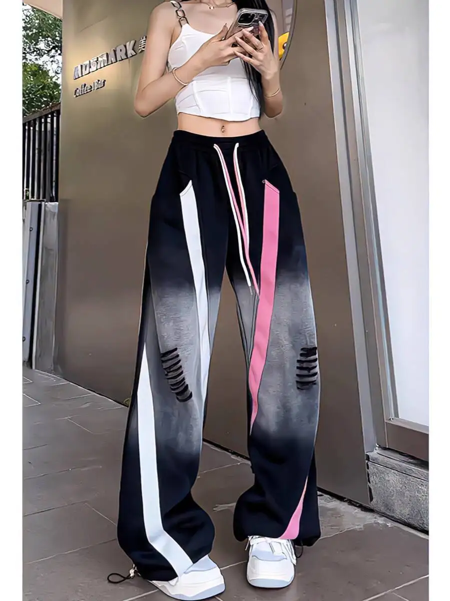 

Autumn Winter Women Sports Pants Fashion Gradient Cuffed Pants High Street Ripped Paneled Loose Elastic Waist Casual Trousers