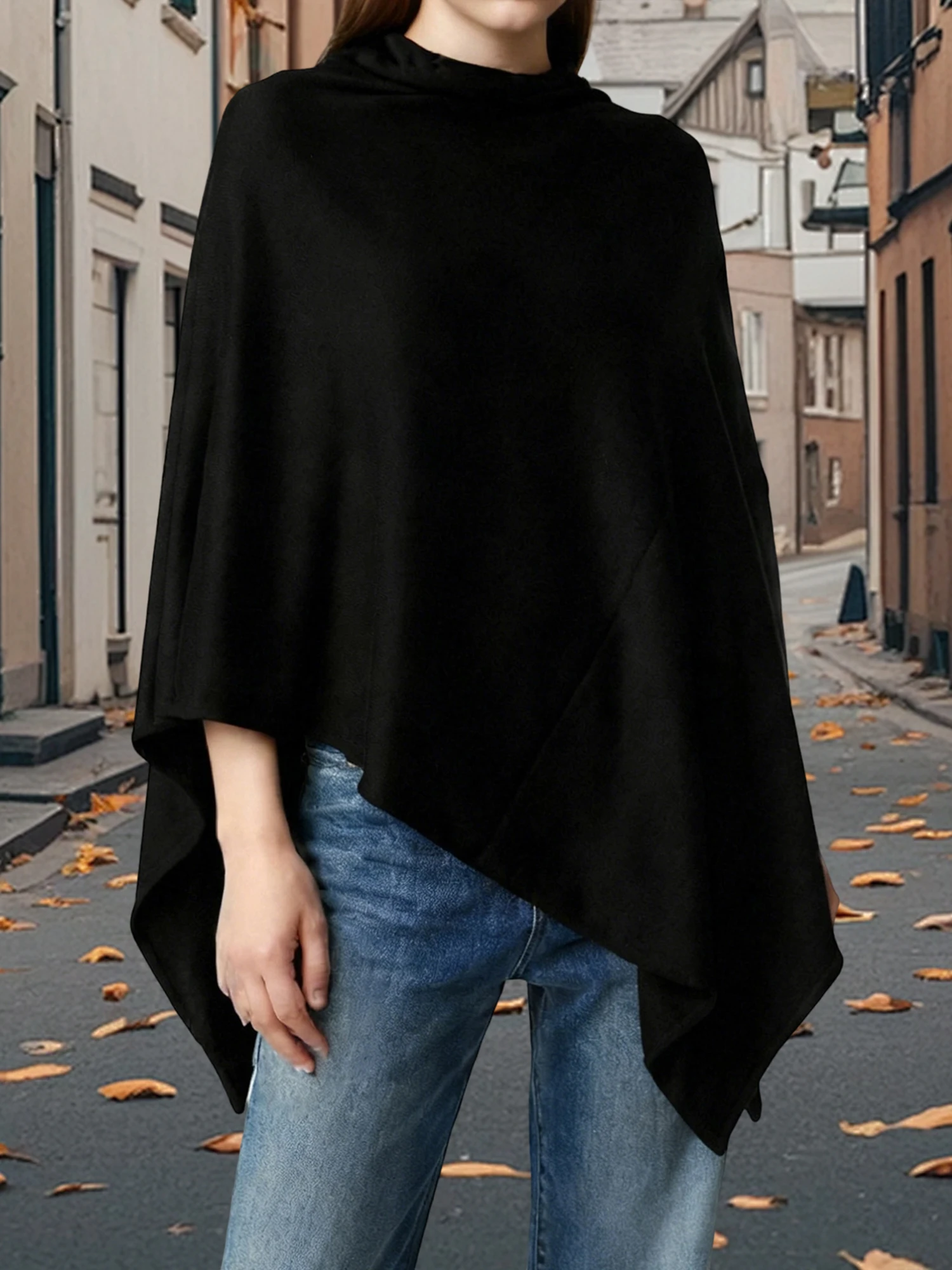 المرأة المتضخم الياقة المدورة سترة المعطف كيب متماسكة البلوز شال التفاف بلون غير المتكافئة معطف فوقي