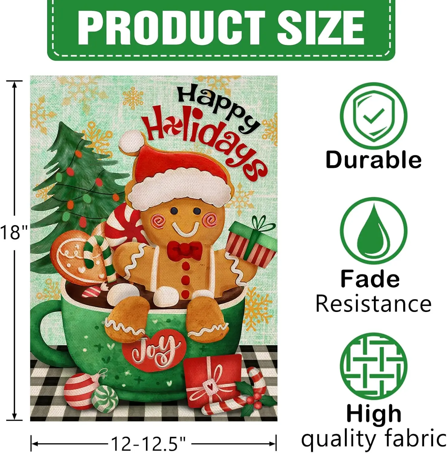 Dyreson Merry Christmas Joy Coffee Gingerbread Man Decorative Garden Flag, Xmas Happy Holiday Buffalo Plaid Check Yard Outside D