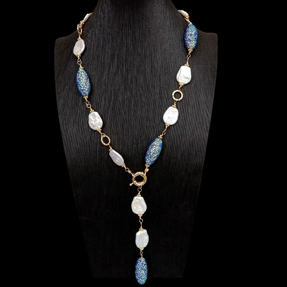 

Y.YING Cultured White Keshi Pearl Blue Crystal Pave Bead Long Necklace Handmade Bohemia Jewelry