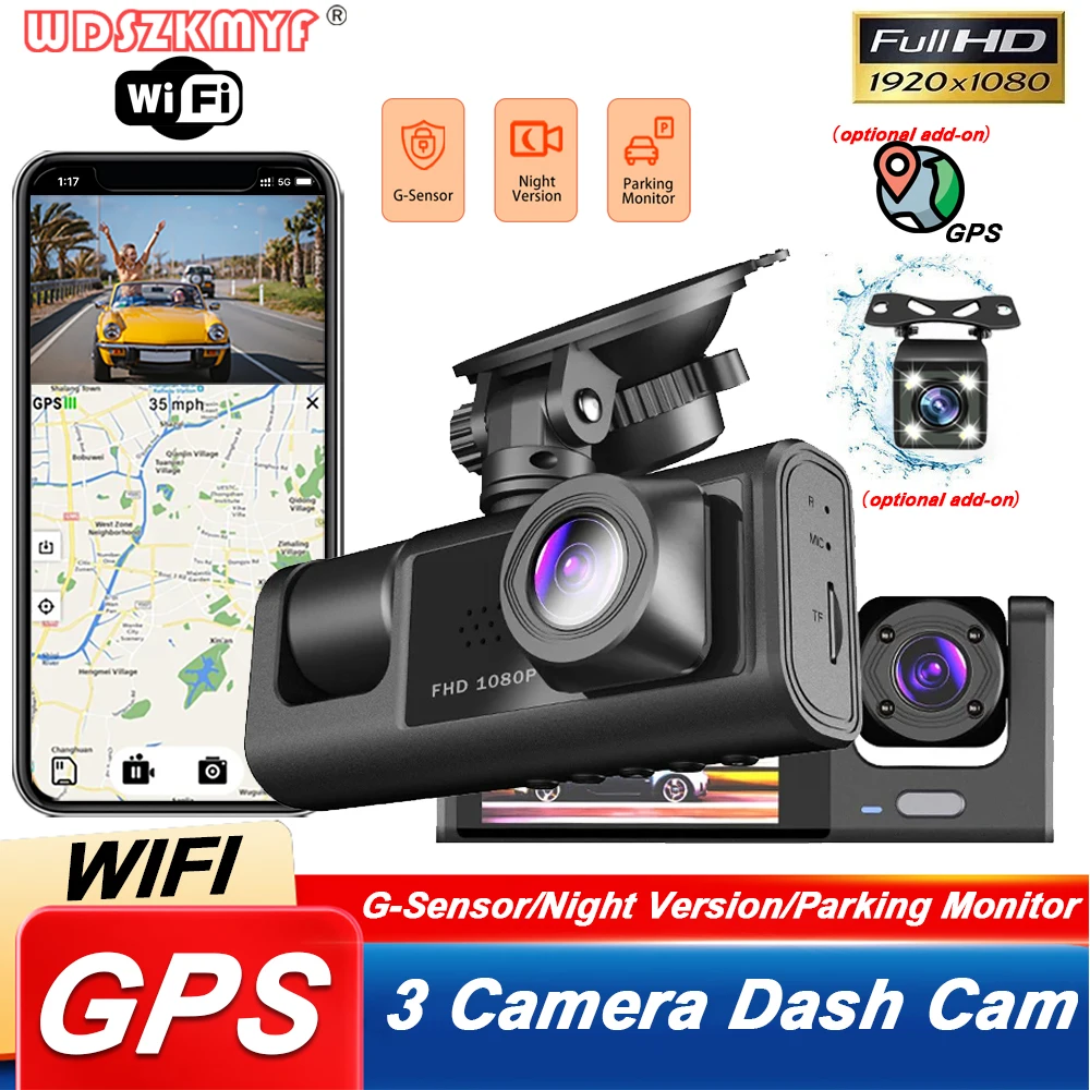 3 canali WiFi APP GPS Dash Cam per auto fotocamera Car Dvr 1080P videoregistratore telecamera per retromarcia per veicolo scatola nera accessorio