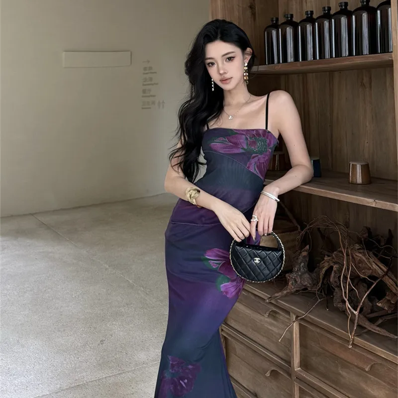 กระโปรงทรงเอเข้ารูปเอวสูงลายดอกไม้สีม่วงสไตล์จีนใหม่ ดีไซน์เก๋สำหรับผู้หญิง
