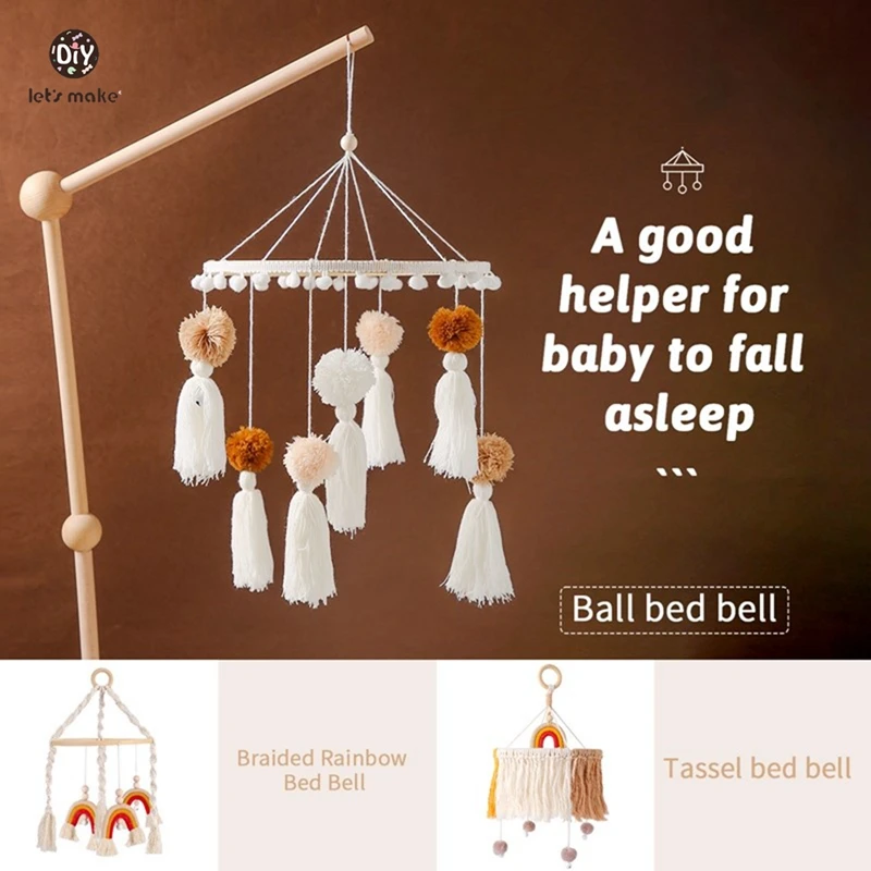 Baby houten bed bel beugel wieg beugel montage set macrame regenboog baby mobiele hangende rammelaars speelgoed voor baby kar accessorie