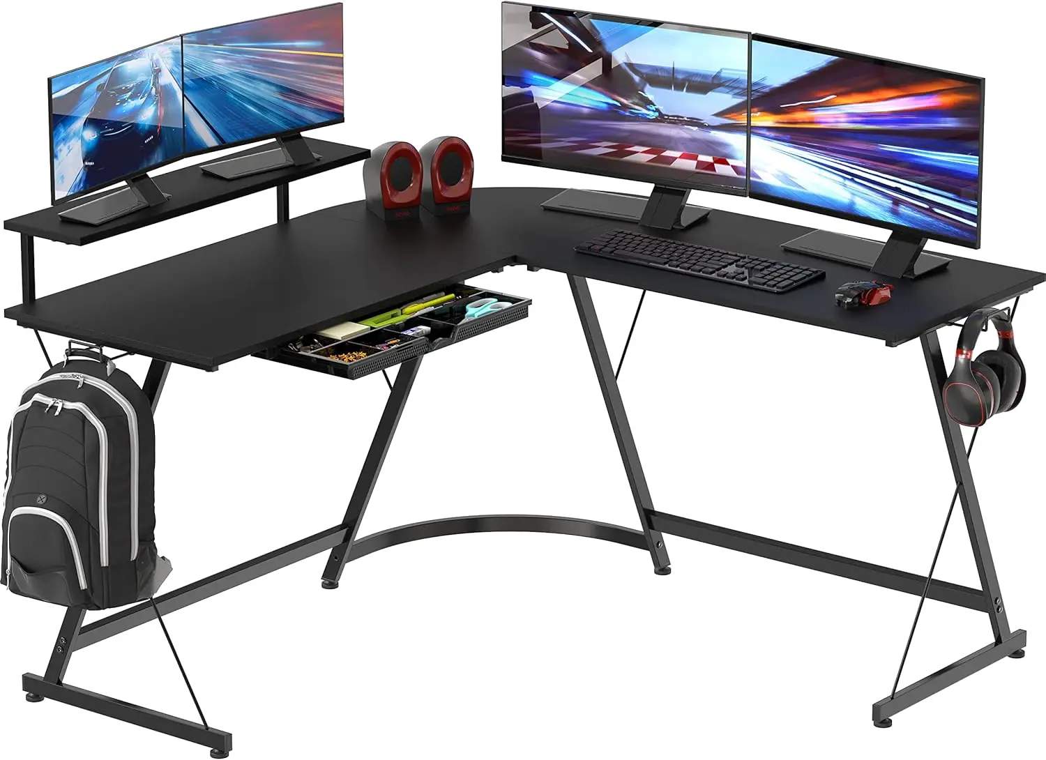 

51 Inch L-Shaped Desk with Monitor Shelf and Drawer, Black
