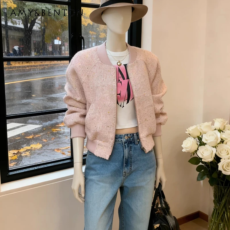 

French Women's Short Jackets 2026 Spring Autumn New Sweet Cool Stand Collar Zipper Loose Versatile Age-Reducing Jacket Ladies