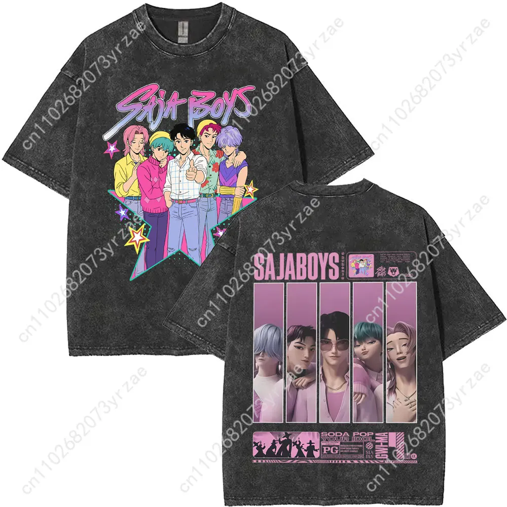 Kpop Demon Hunters rétro lavage t-shirt homme femme haute qualité Vintage t-shirt mode coton manches courtes doux dessus respirants