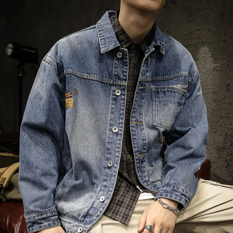 

American overalls denim coat men's spring and autumn new retro wash blue trend handsome all matching Japanese jacket jacket