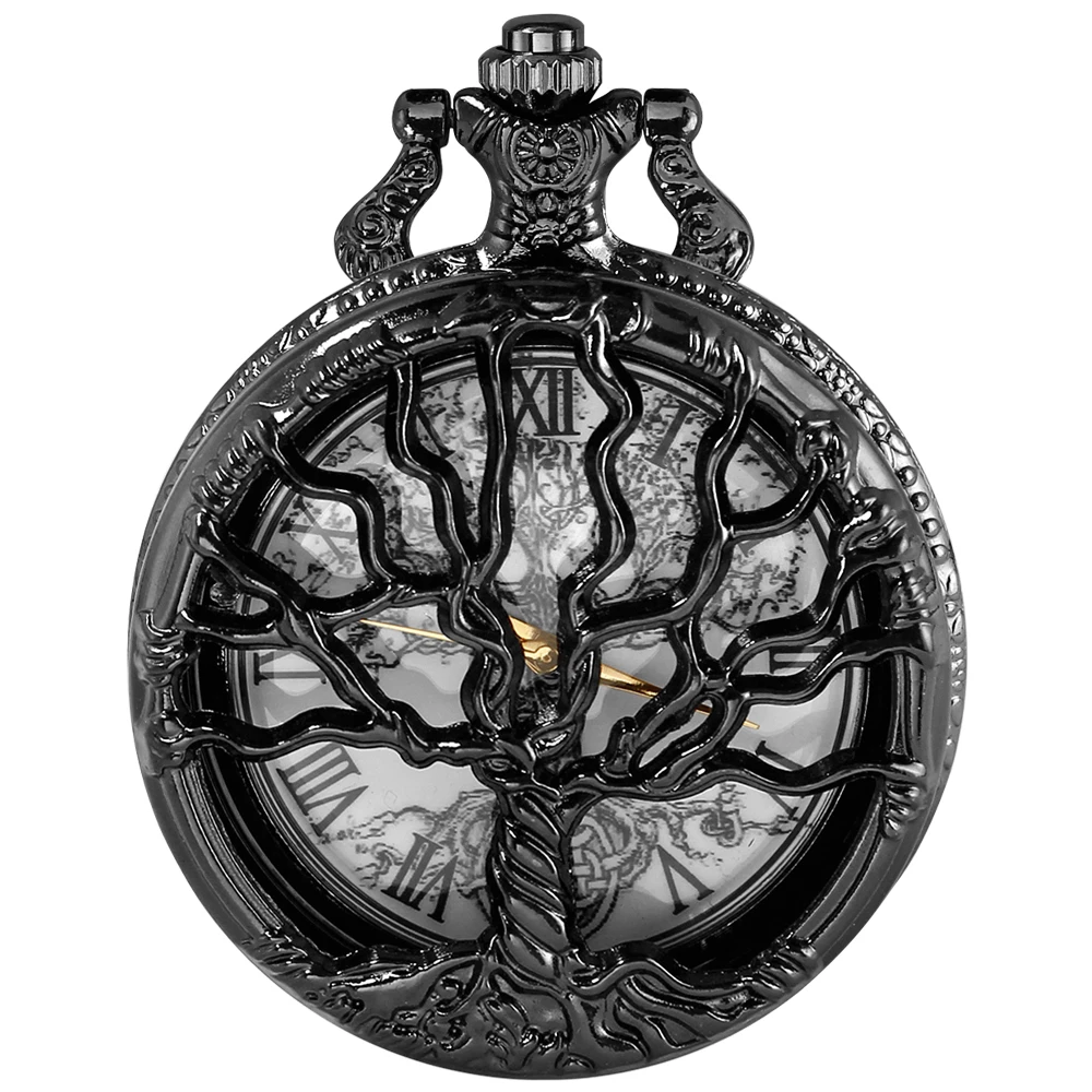 Tree of Life Pattern Sketch Ink Painting Dial Pocket Watch All Black Vintage Necklace Chain Quartz fob Clock reloj