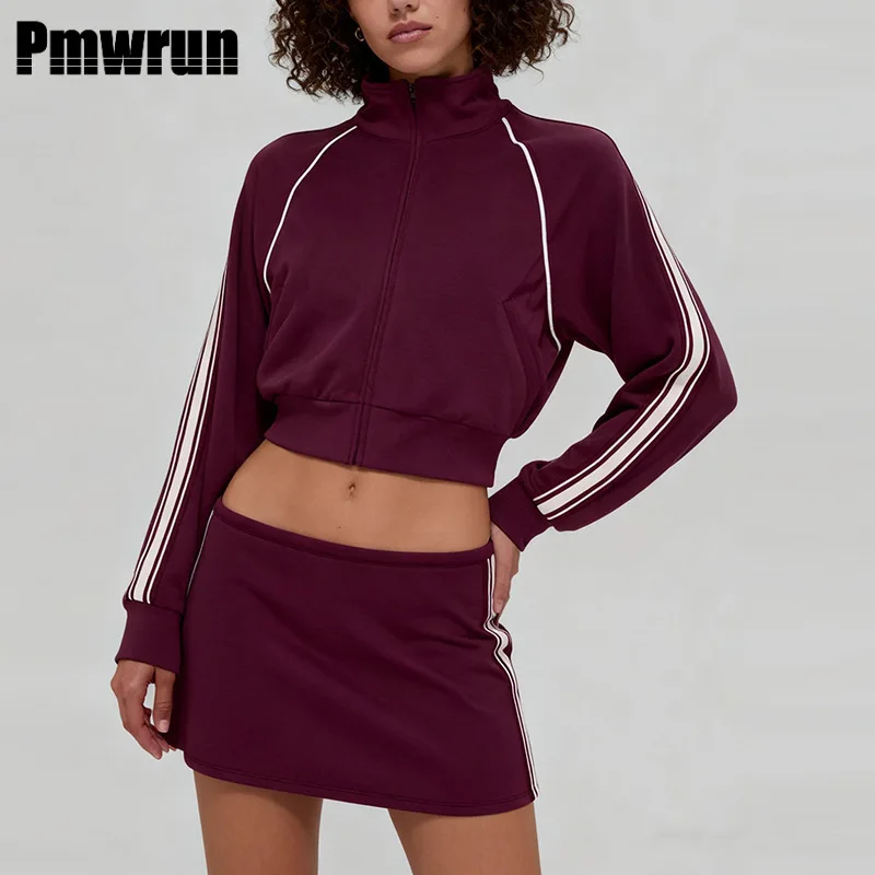 

PMWRUN Striped Track Jacket Cropped Full Zip Closure Soft Stretchy Breathable Slim Fit For Gym Yoga Pilates Daily Workout Wear