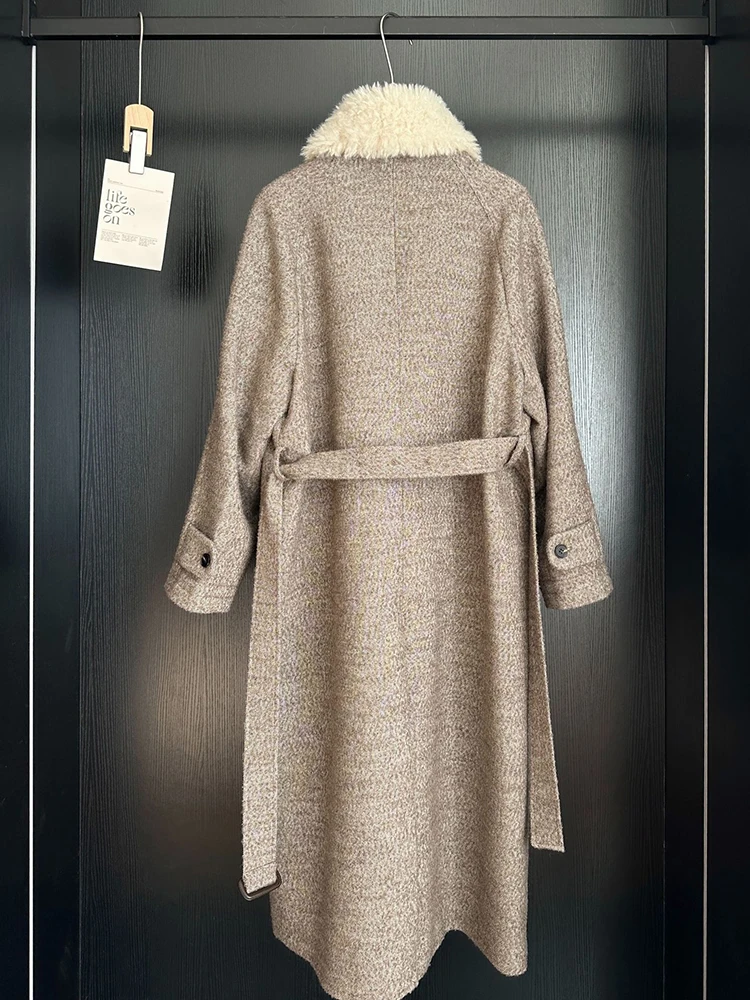 Women's Slim-Fit Wool Coat with Detachable Fur Collar and Belt – 2026 Autumn/Winter Fashionable Long Woolen Coat