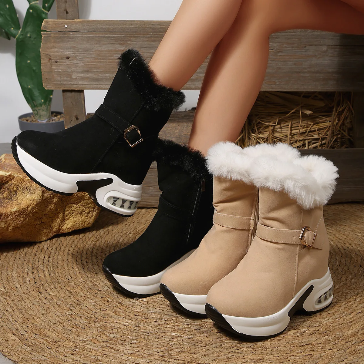 

Women's belt-buckle warm large-sized snow boots for women 2025 winter new style side zipper wool cotton shoes
