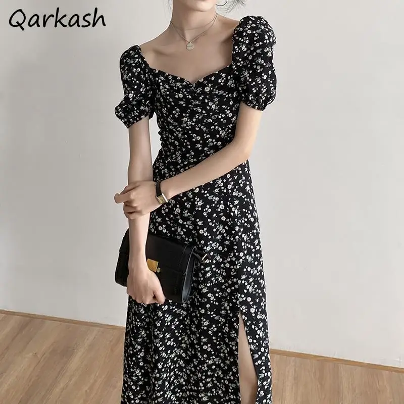 

Dress Women Summer Square Collar French Style Side-slit Design Retro Elegant Temperament Feminine Maxi Holiday Vestidos Ins New