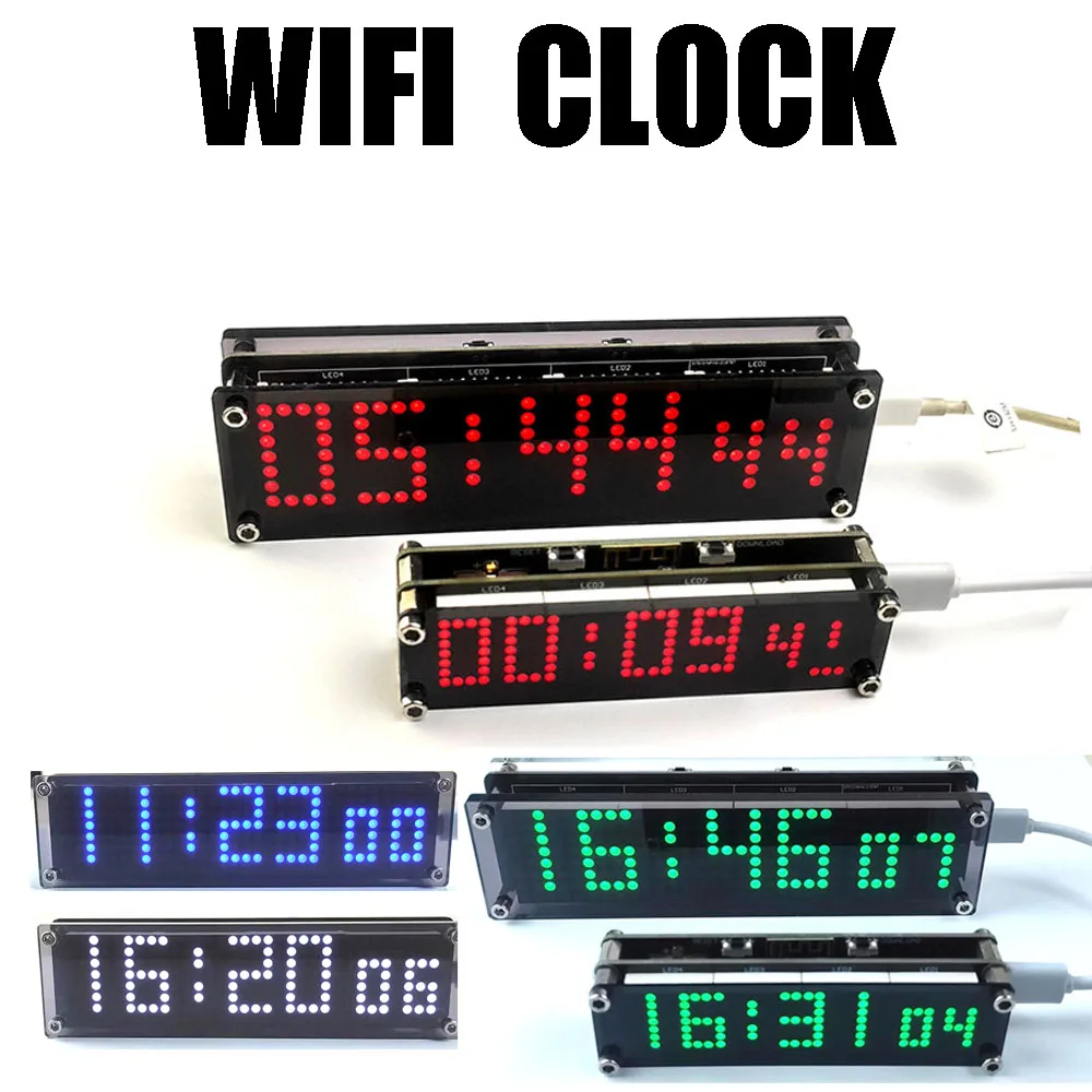 Wifi Relógio Rede Timing Display Digital Led Dot Matrix Relógio Vermelho Azul Branco Tempo Tipo-c Poder Esp8266
