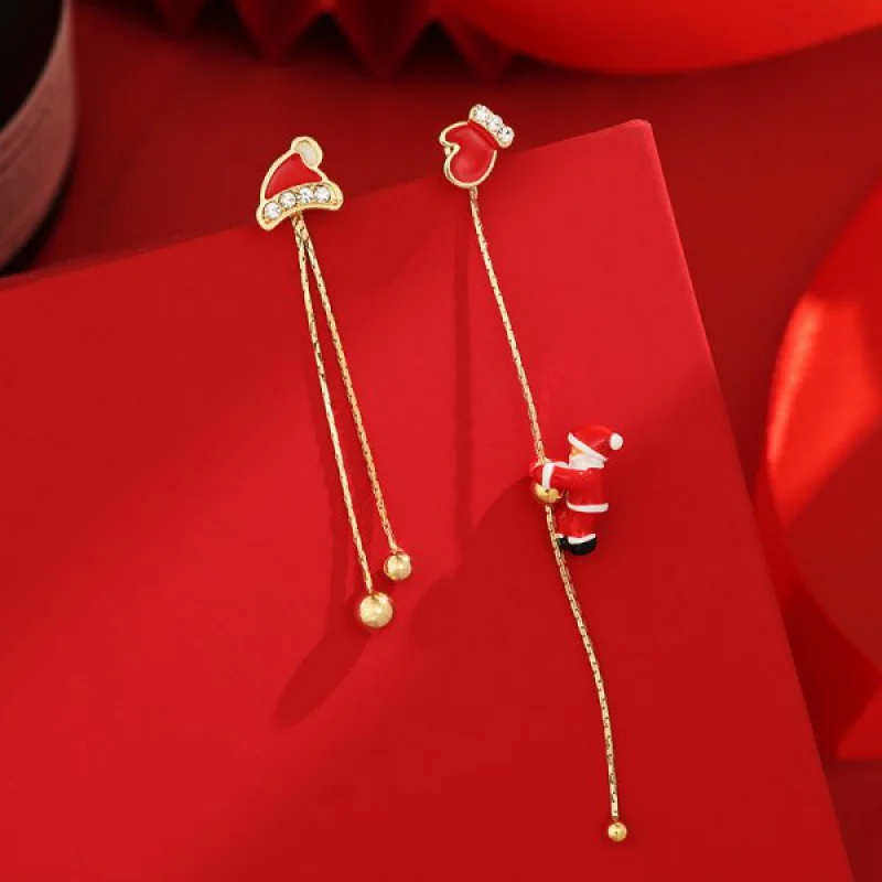 New Exquisite And Fashionable Santa Claus Series Asymmetric Long Tassel Earrings For Women Holiday Jewelry Accessories Gifts