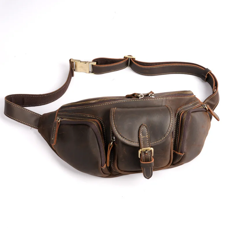Men's Vintage Full-Grain Leather Waist Pack Crossbody Bag, Crazy Horse Chest Bag for Hiking Travel Outdoor
