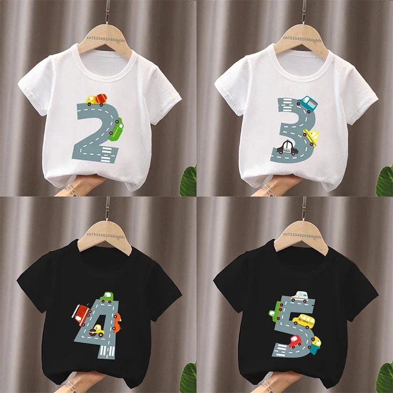 Different Car Print Birthday Number Bow Kids T shirt 1 2 3 4 5 6 7 8 9 Years Girls Clothes Funny Baby Boys Short Sleeve T-Shirts