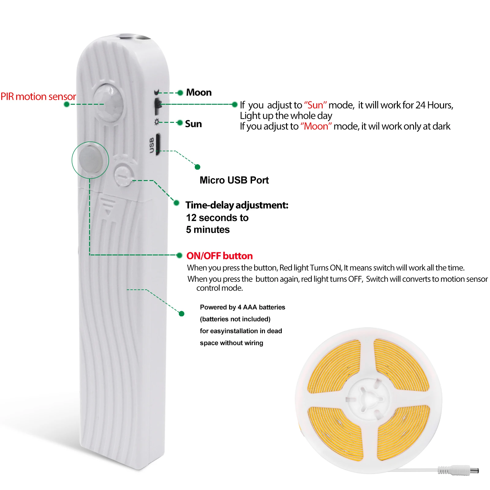 5V USB COB Led Strip z czujnikiem ruchu PIR Indukcyjna lampka nocna Zasilana bateryjnie AAA 3MM 5MM 8MM Elastyczna taśma do szafki