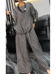 O-neck Half-sleeved Loose Top + Wide-leg Pants 2-piece Set Women's Fashion Spring Sets Autumn Plaid Printing Back Pull-out Suit