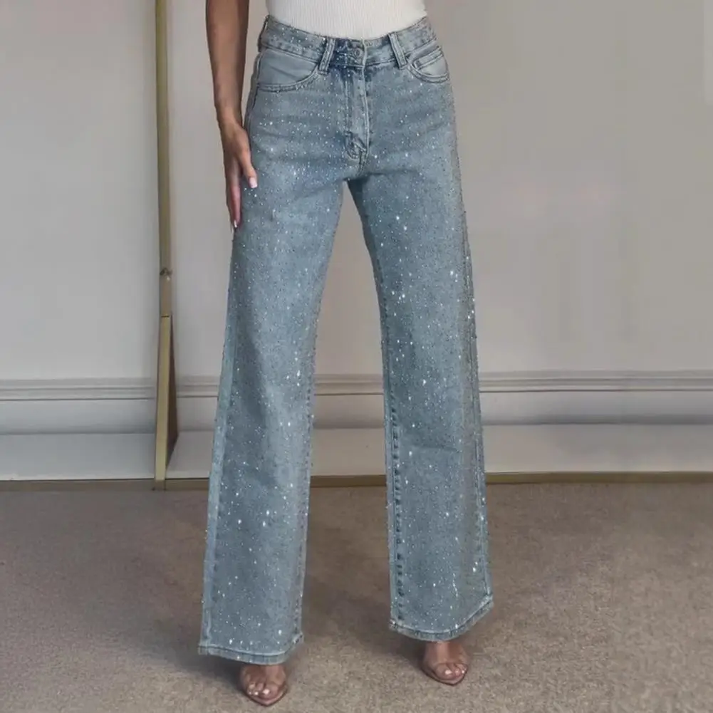 2025 Women Faux Pearl Embellished Jeans Elegant Women Jeans Trendy Faux Pearl Strass Embellished High Waist Jeans Wide Leg pants