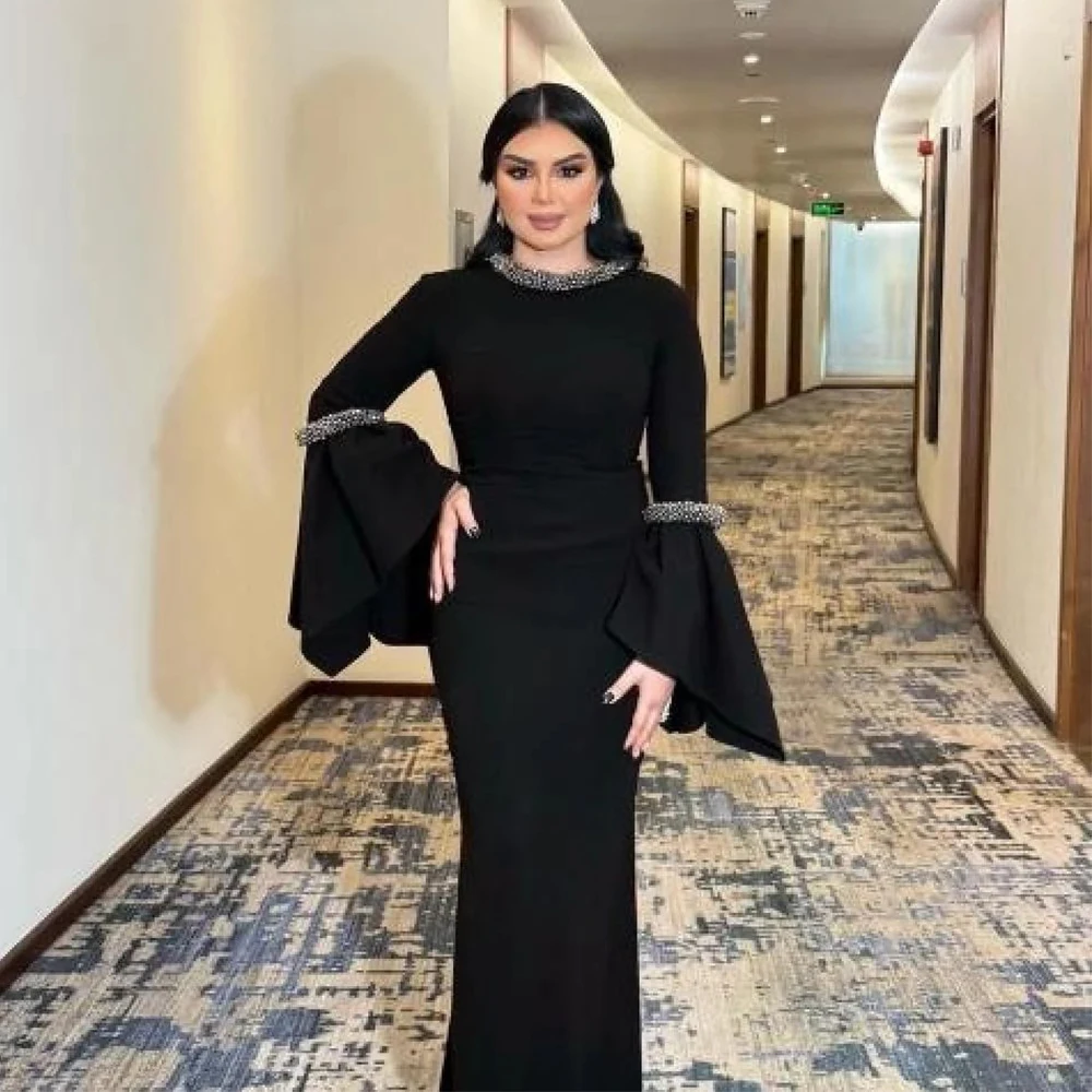 

Black O-Neck Flare Long Sleeve Evening Dress Beading Mermaid Floor Length Women Customized Banquet شارون سعيد فساتين سهره