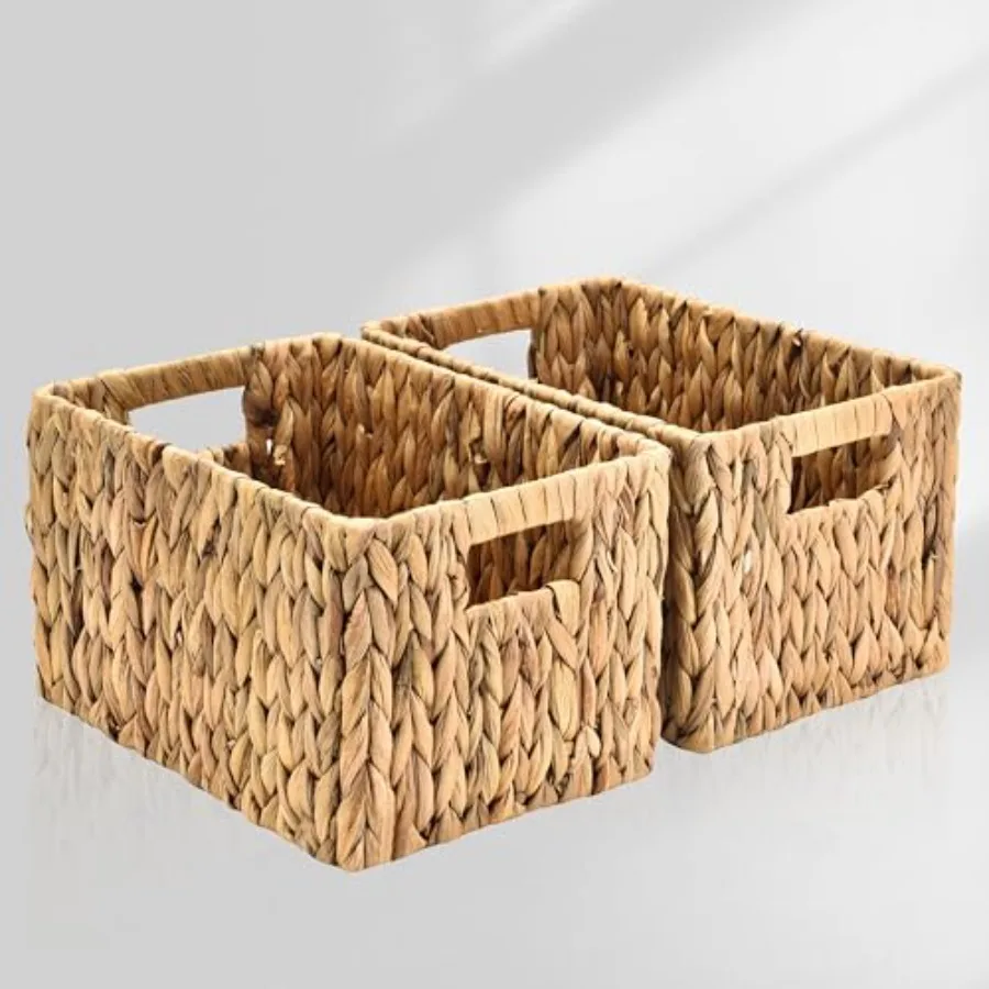 

Water Hyacinth Rectangular Wicker Baskets, 12" Wicker Basket 2 Pack, Woven Storage Baskets with Handles