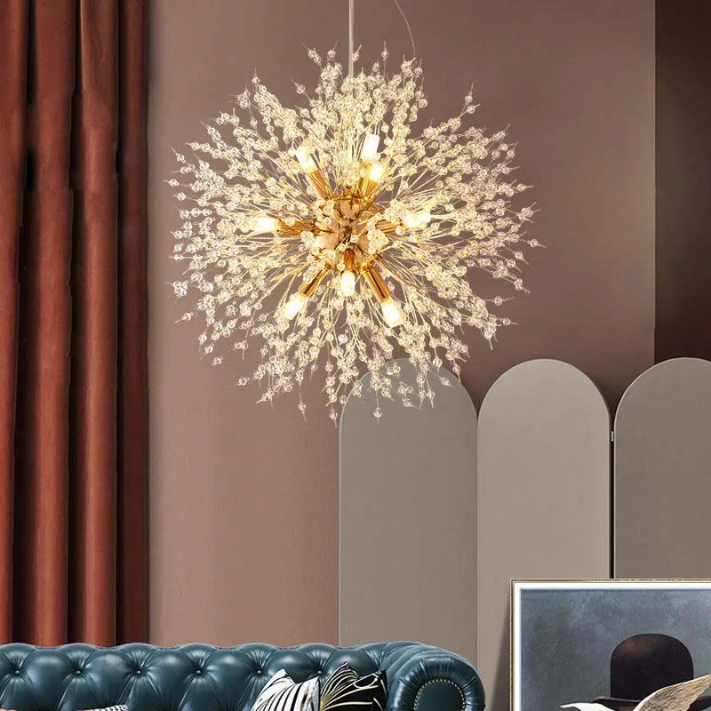 Modern Dandelion Crystal Chandelier Golden Firework Pendant Light, Creative Ceiling Lamp for Living Room Bedroom Home Decor