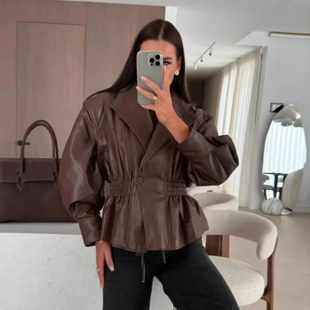 

Women's Leather Jacket Female Zipper Leather Trench Coat High Neck Elastic Waist Oversize Vintage Faux Leather Jacket Women