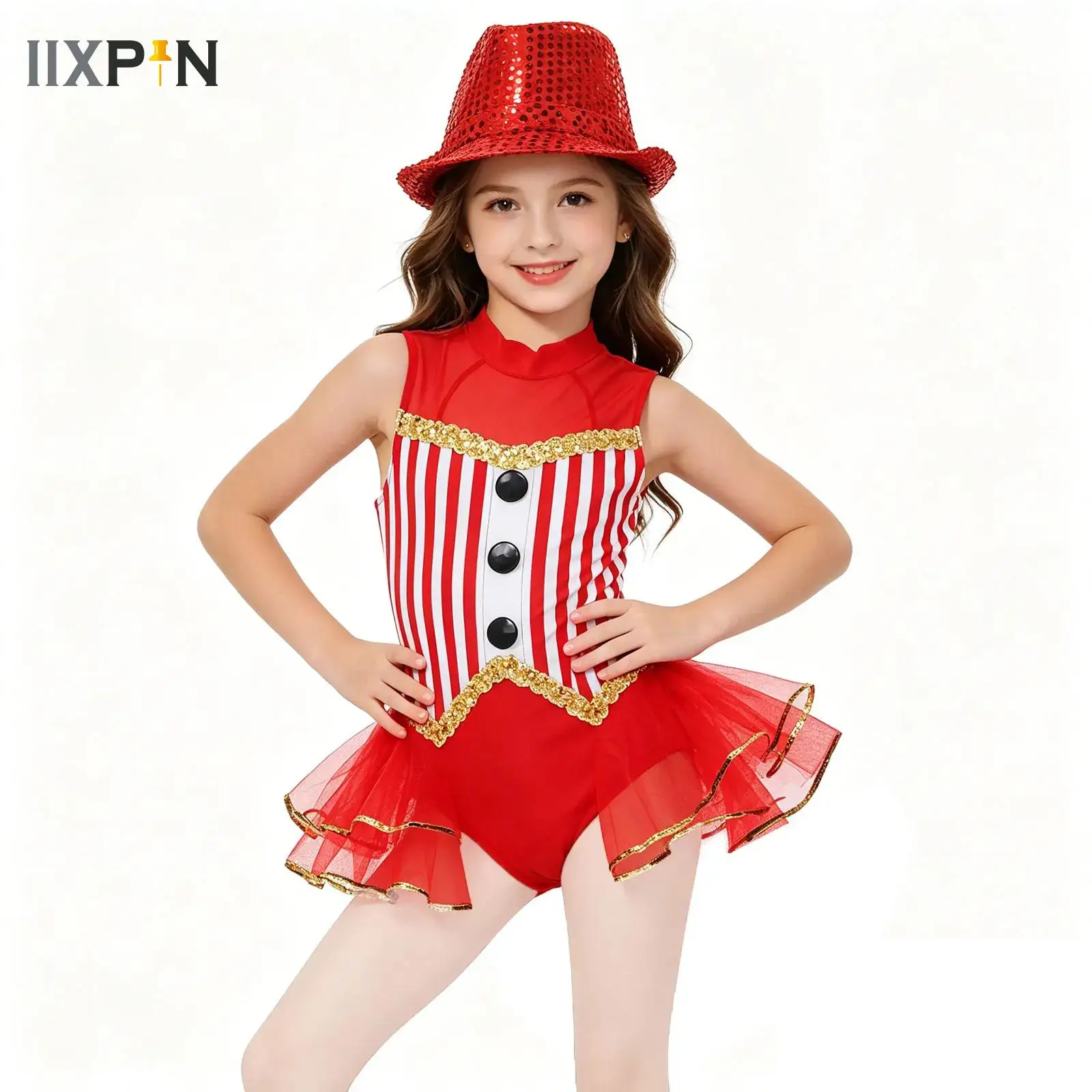 

Kids Girls Ballet Dance Tutu Circus Cosplay Costume Sequin Striped Leotard Latin Jazz Dance Bodysuit with hat Dancewear Sets