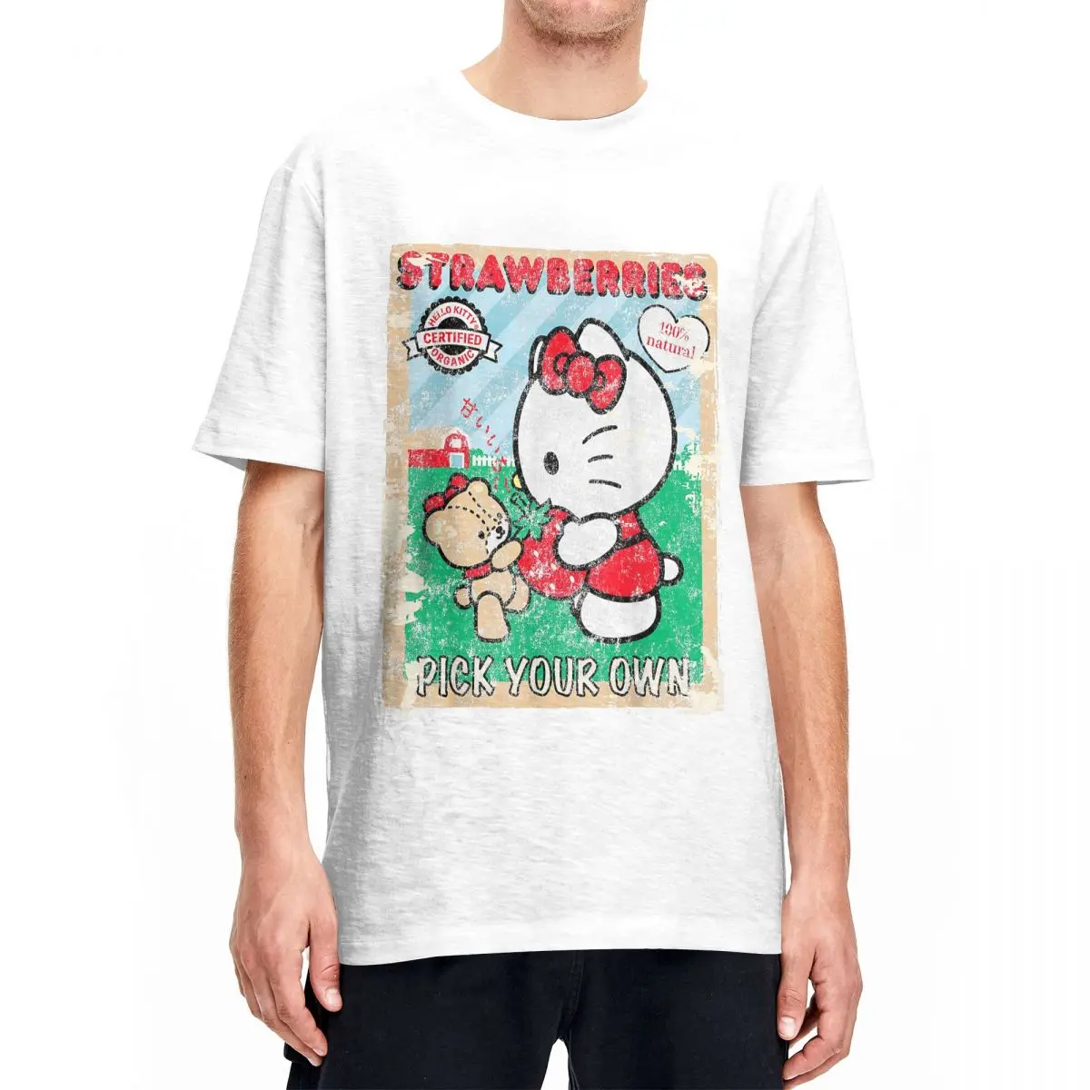 Hello Kitty Strawberry Picking Farm T-Shirt Men Women's Round Collar 100% Cotton T Shirts Short Sleeve Tee Shirt Adult Clothes