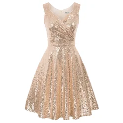 Woman Sequins Sleeveless Dress Elegant Evening Pary Shiny Dresses Vintage Lady Cocktail Sparkling Dress Night Date Dress Wedding