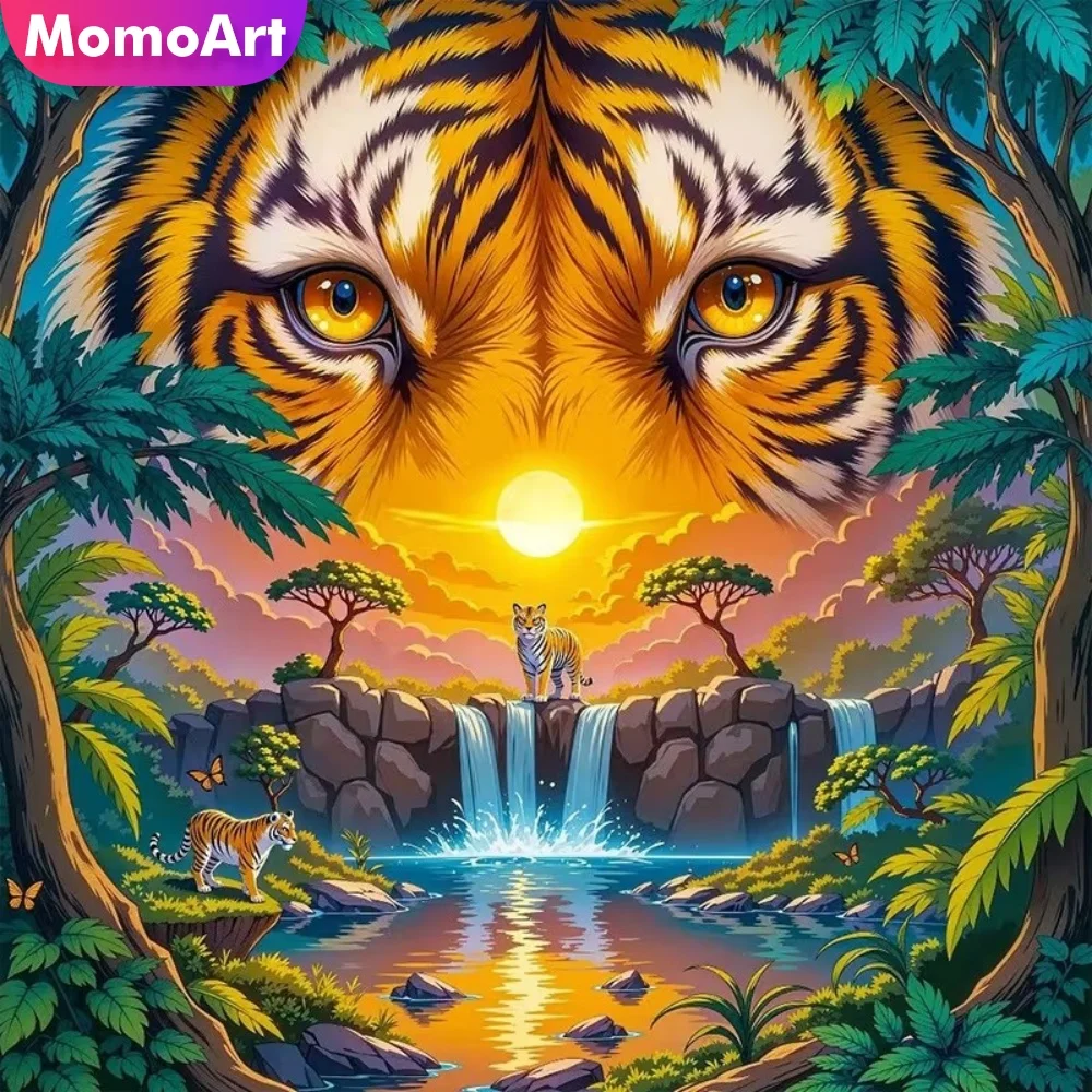 Momoart Vollflächiges Diamant-Mosaik-Set mit Quadratischen und Runden Diamanten, Tiger-Motiv, Diamantmalerei Wasserfall-Bild, Strass DIY Wandkunst