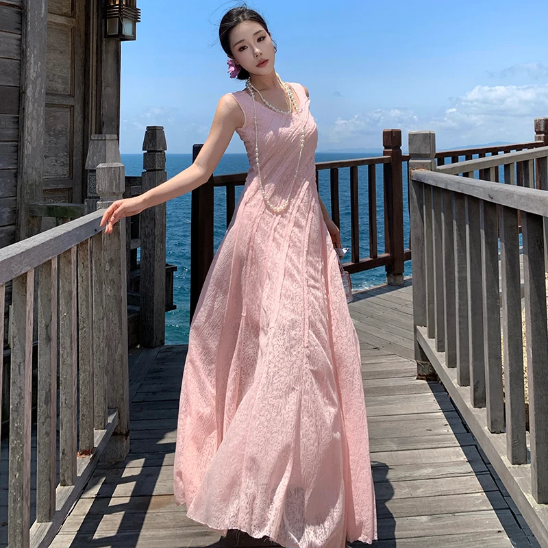 Sweet Sle Long Lace Dr Mehrere Stücke Hellrosa Sommer Hohe Taille Polyesterfaser Rundes Ne-Kleid für Frauen 25-29 Jahre...