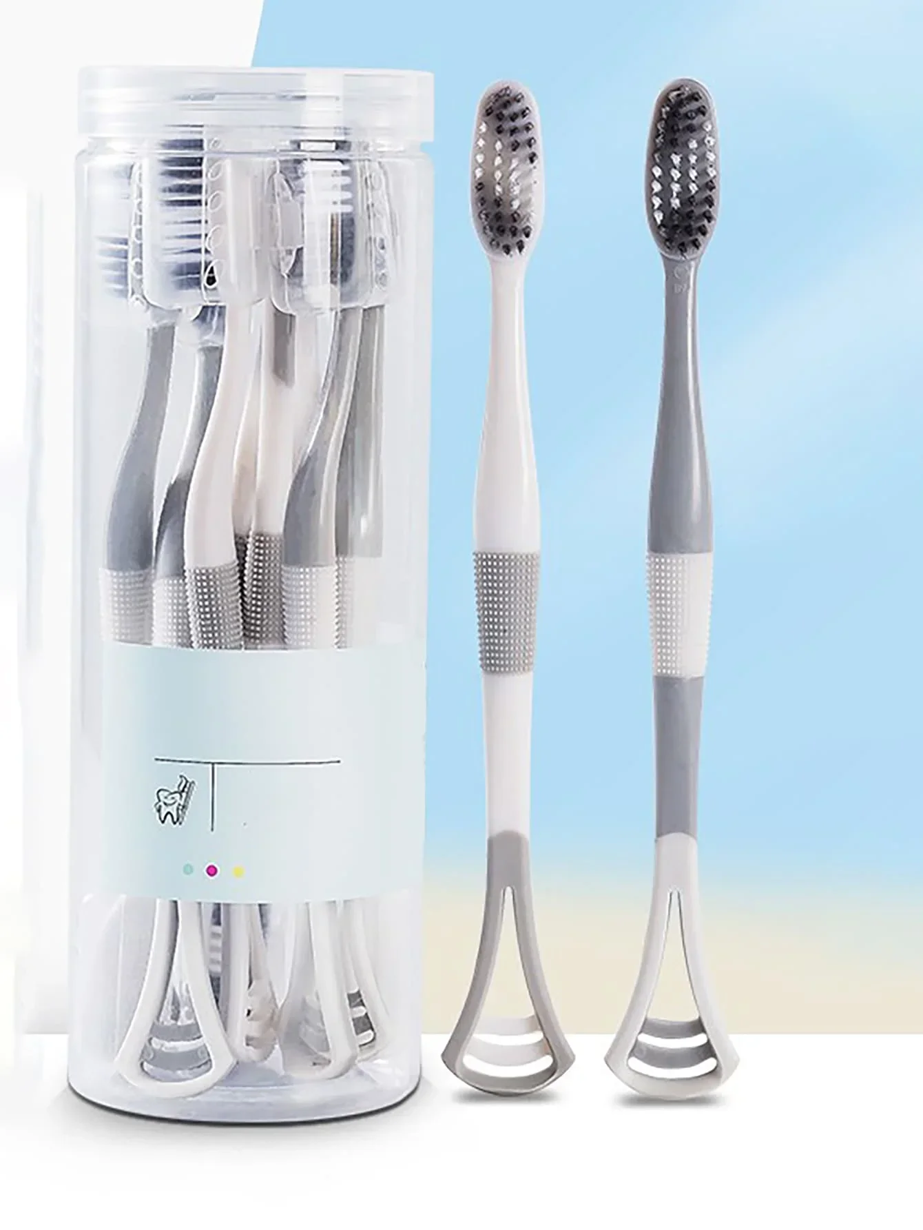 8pcs Bamboo Charcoal Toothbrush and Tongue Scraper - Dual-Purpose Oral Care with Soft Bristles and Silicone Handle