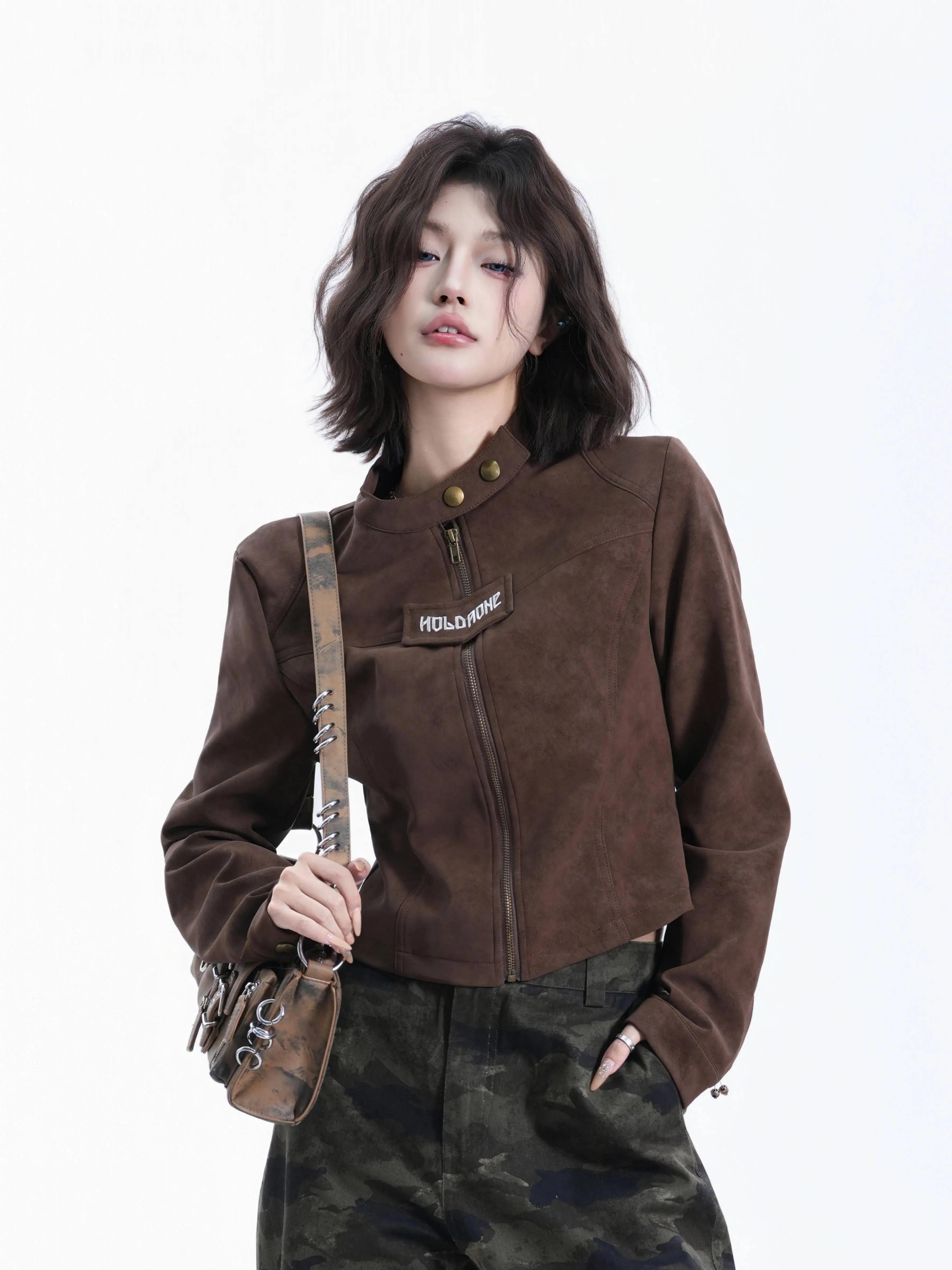 

Women Motorcycle Jacket 2025 Autumn Distressed Outerwear Women's Retro Biker Style Regular Shoulder Hot Girl Cropped Jacket