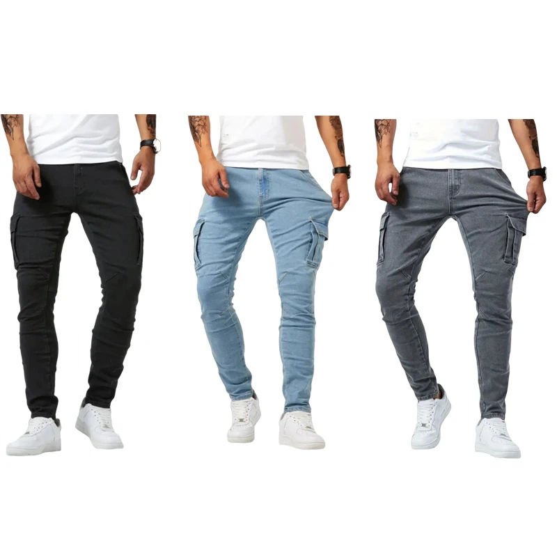 new Jeans Men Pants Wash Solid Color Multi Pockets Denim Mid Waist Cargo Jeans Plus Size Fahsion Casual Trousers Male Daily Wear