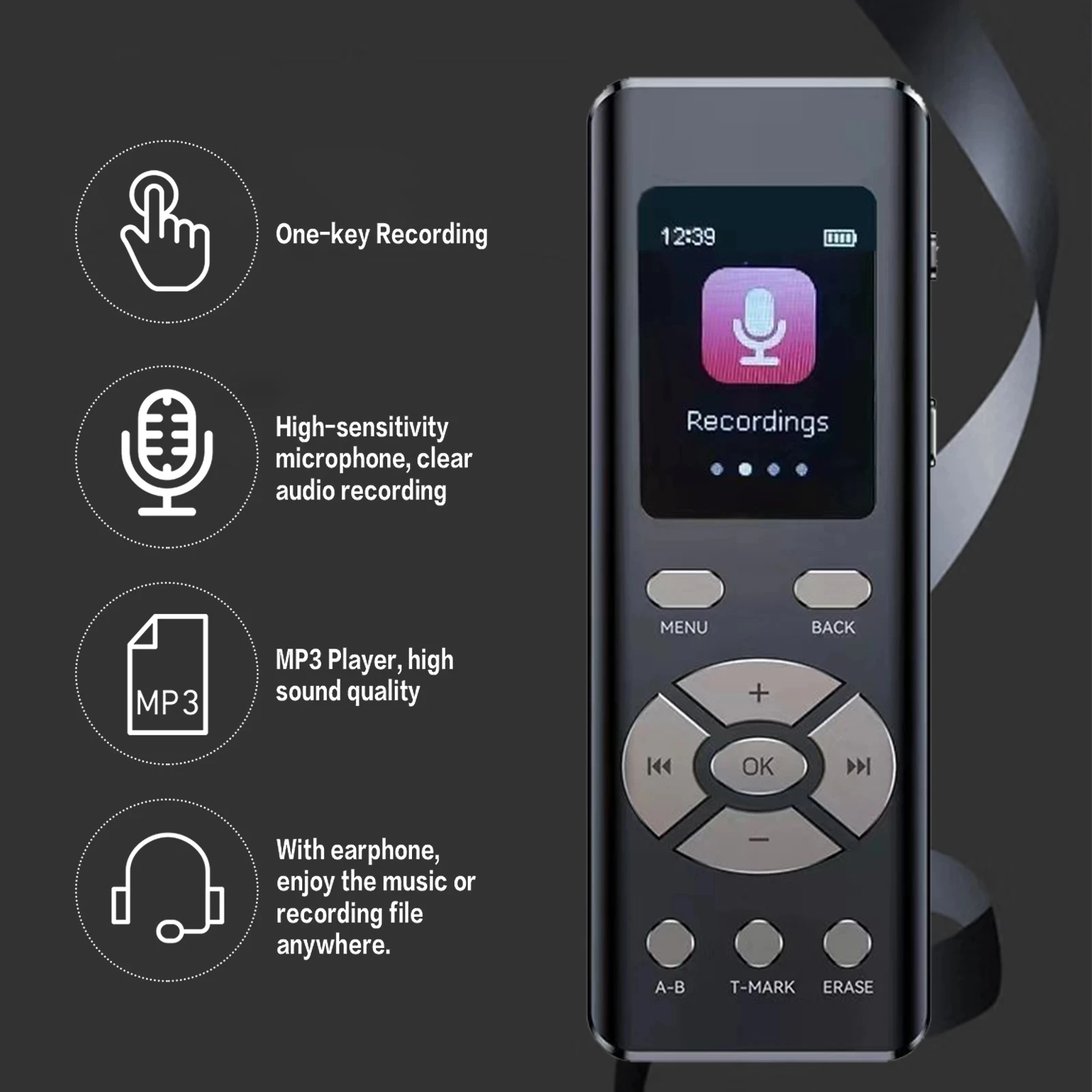 Digital Voice Recorder with Microphone High-fidelity A-B Loop Playback MP3 2-Channel Stereo Recording Audio Recorder 32GB 64GB