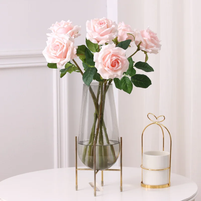 Real Touch Artificial Pink White Roses Wedding Flowers Latex Fake Rose Branch Flower Arrangement Farmhouse Decor Home Decoration