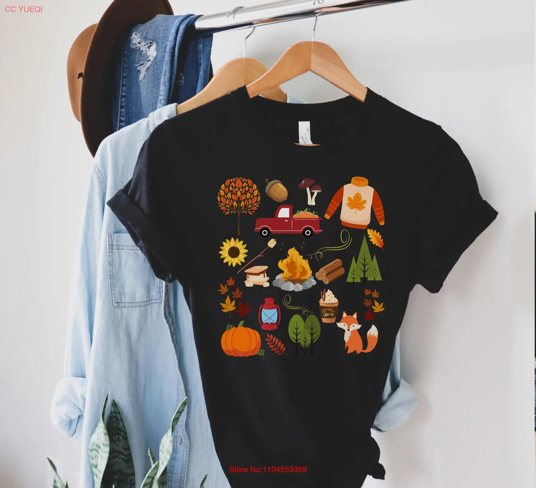 Fall Love T Shirt Collage Cute Leaves Pumpkins Campfire long or short sleeves