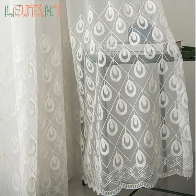 Nordic Curtains for Living Dining Room Bedroom Simple Embroidery Solid Color Window Screen White Tulle  Embroidered Tulle