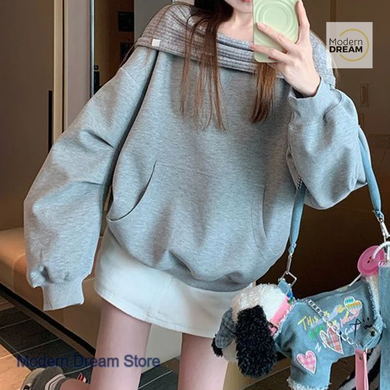 

French design can be tilted off-the-shoulder long-sleeved hooded sweater women's new versatile loose top in spring and autumn