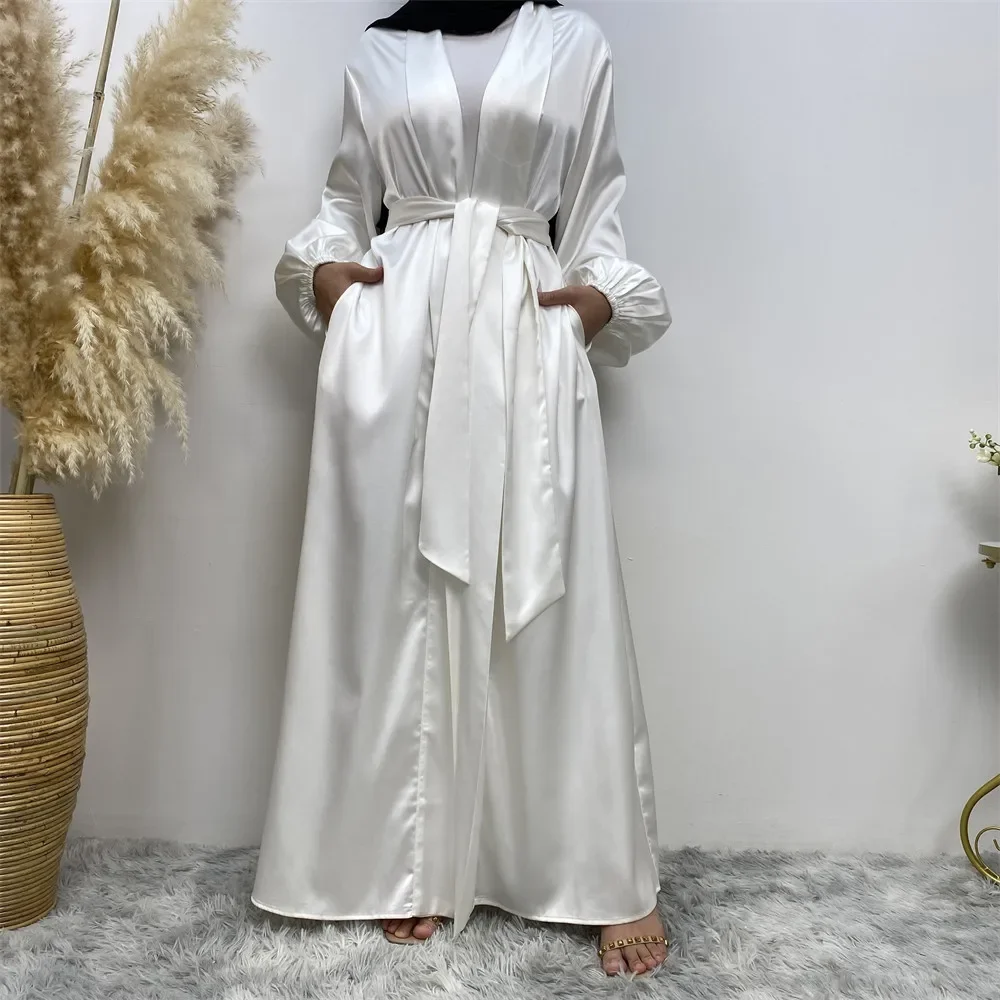 Abaya ouvert modeste turquie caftan Robe en Satin vêtements islamiques Ramadan Eid Kimono musulman Cardigan Robe arabe ceinturée Abayas Kebaya