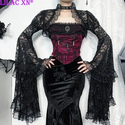 Goth Black Lace Mesh See Through Flared Sleeve Smocks Vintage Elegant Aesthetic Cover ups Women Crop Tops Autumn New Fashion