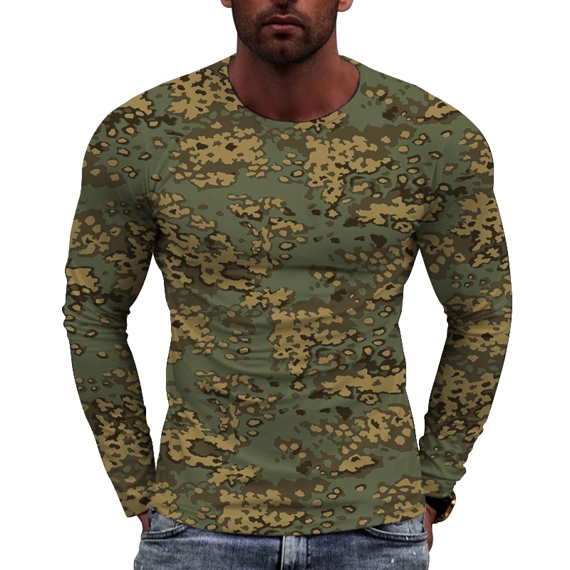 New Camouflage Printed European Size long Sleeved T-shirt For Men\'s Casual Autumn Trend Top Round Neck Tees