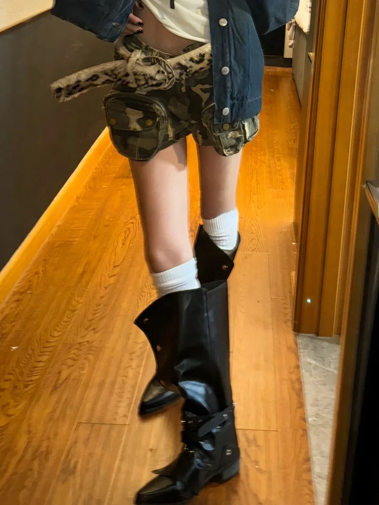 อเมริกัน High Street Design Heavy Du ket Workwear กางเกงผู้หญิงฤดูร้อนใหม่ Y2K เผ็ด Millennium Camouflage กางเกง