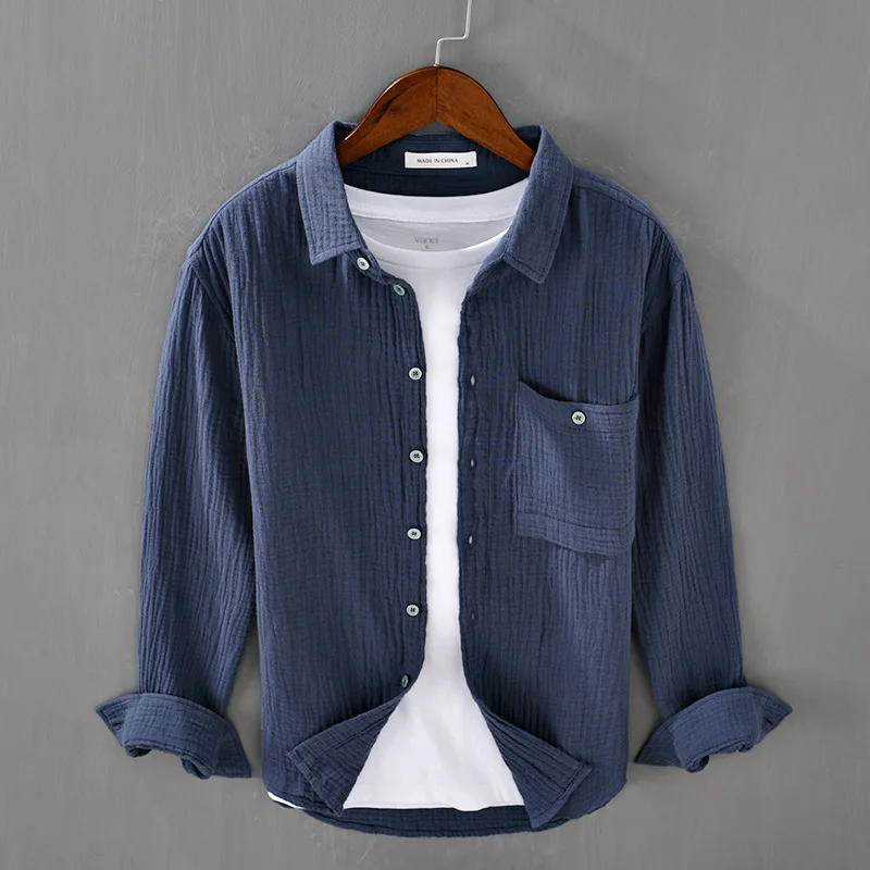 2024 Men's Autumn Double-Layer Yarn White Long-Sleeved Shirt Youth Casual Crumpled Soft Cotton Linen Shirt