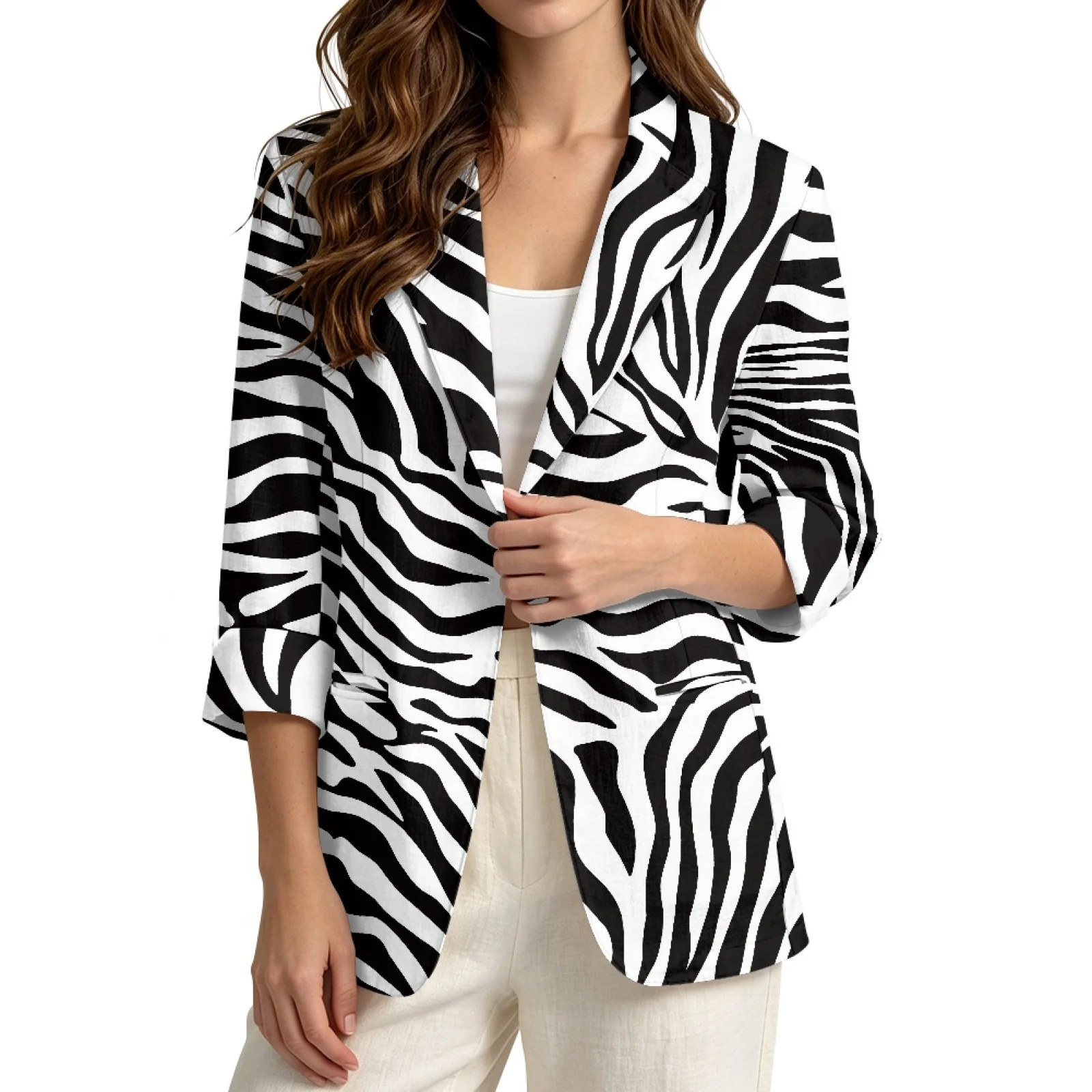 PENSTROLL Zebra Linen Like Open Front Cardigan for Daily Loose Fit Cardigan Cover Up Jacket Beach Jackets